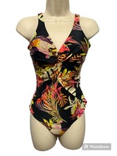 NWT Moontide Sz 6 Black Tropical Floral Swimsuit Twist Front Metallic Accents