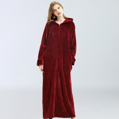 Women Homewear Front Zipper Bathrobe Hooded Robe Dressing Gown Long Fleece - Bild 13 von 14