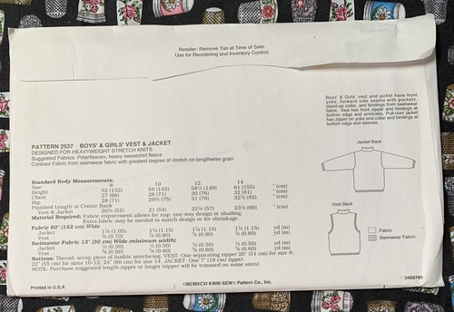 Kwik Sew 2537 Boys Girls Childs Vest & Jacket Sizes 8-14 Sewing Pattern UNCUT - Picture 2 of 2