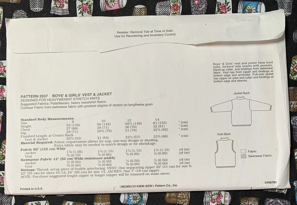 Kwik Sew 2537 Boys Girls Childs Vest & Jacket Sizes 8-14 Sewing Pattern UNCUT - Image 2 of 2