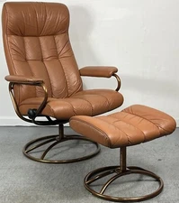 Vintage Mid Century Ekornes Stressless Recliner Ottoman Caramel Leather on Brass
