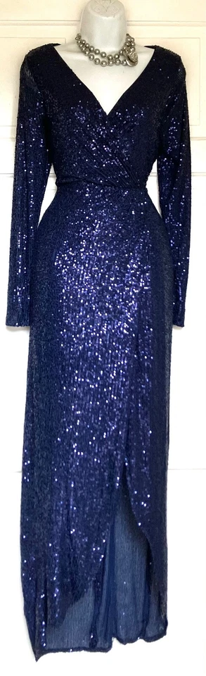 QUIZ VESTIDO MAXI LENTEJUELAS BRILLANTES AZUL MARINO NOCHE BODA OCASIÓN FIESTA TALLA 12 Foto 3 de 4