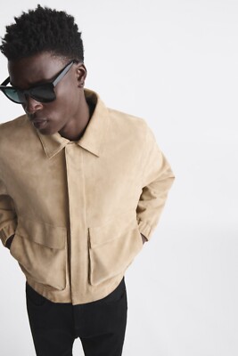 New Zara 100% Goat Suede Leather Bomber Jacket 5129/500 Sand L