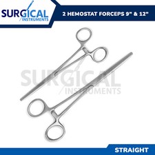 2 Pc Set 9"  12" Straight Hemostat Forceps Locking Clamp Stainless German Grade