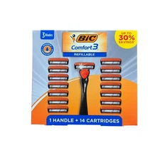Bic Comfort 3 Refillable Razor 1 Ergonomic Handle 14 Cartridges Boxed 3-Blades