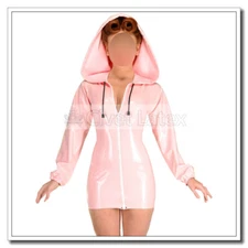 Latex Dress Long Length Drawstring Big Hoodie Front Zip Sexy Pink Customie D75