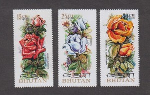 BHUTAN 1973. Roses. "Wendy Cussons", "Iceberg", "Marchioness of Urquijo". Sc 150