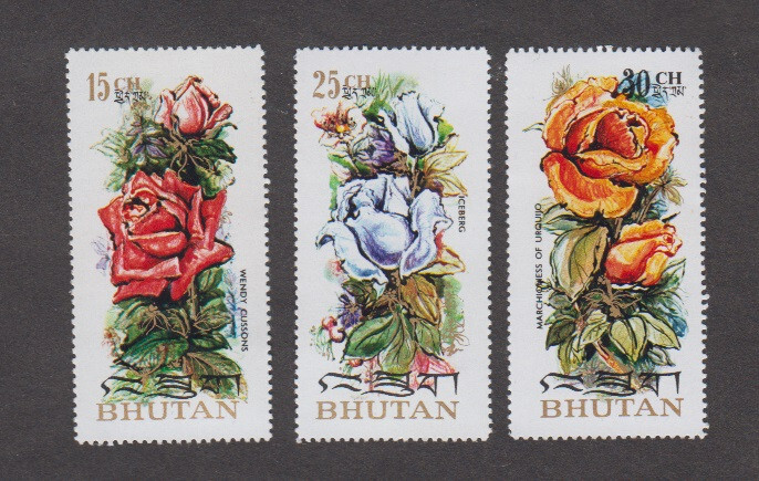 BHUTAN 1973. Roses. "Wendy Cussons", "Iceberg", "Marchioness of Urquijo". Sc 150