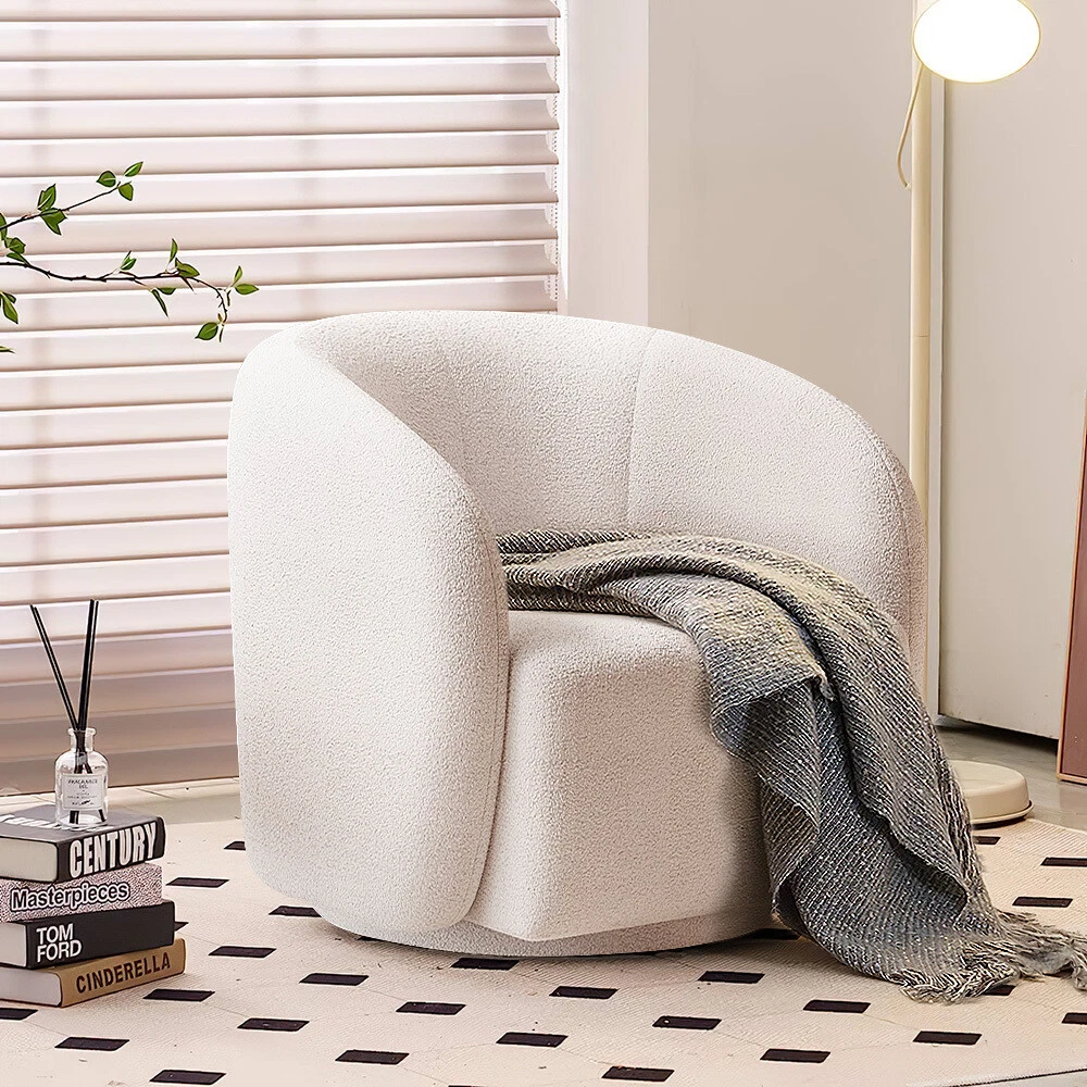 Upholstered Sherpa Accent Tub Armchair Swivel Round Back Single Sofa Chair White