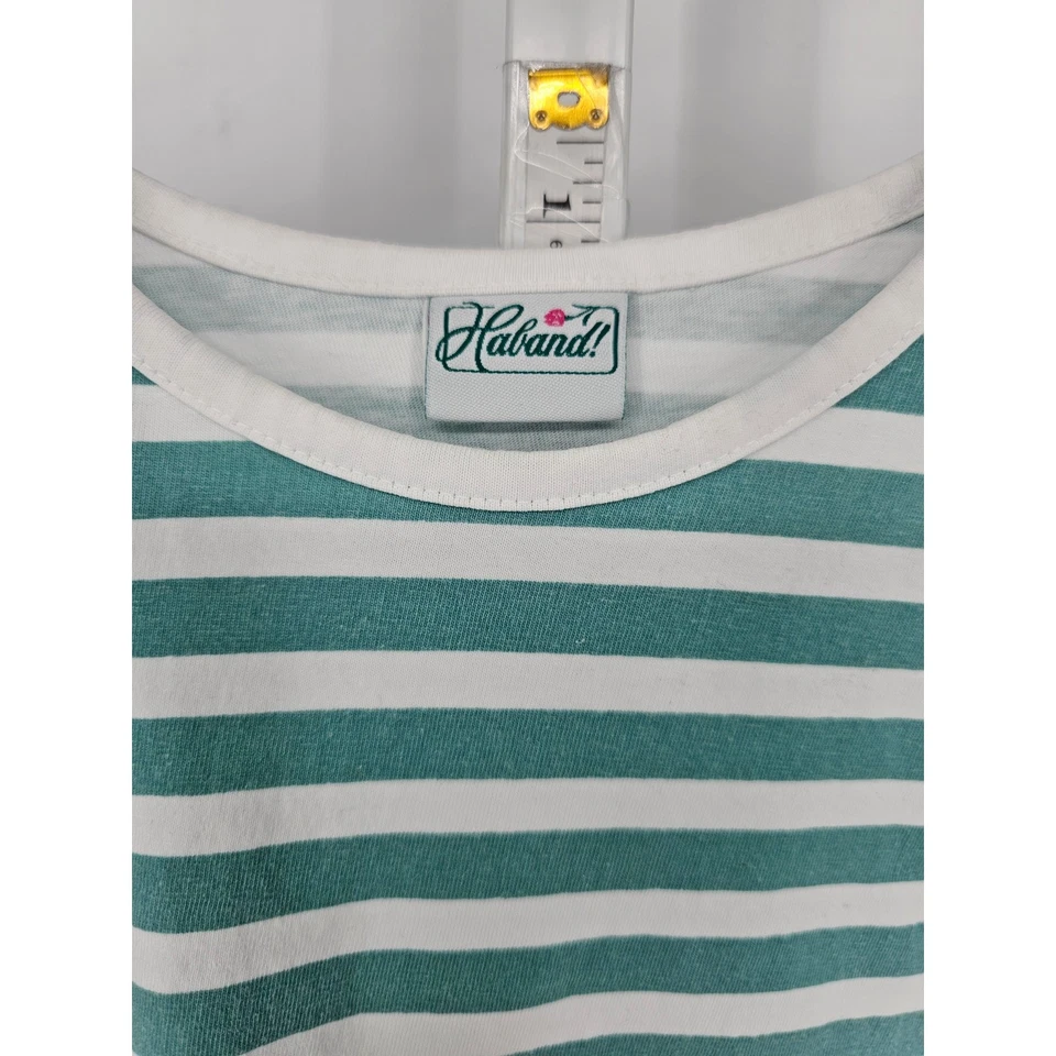 Camiseta vintage Haband para mujer talla S manga 3/4 verde azulado y blanco a rayas años 90 Foto 2 de 3