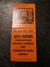 Vintage Leo's Motors Manchester Center VT Chrysler Plymouth Jeep Matchbook Cover