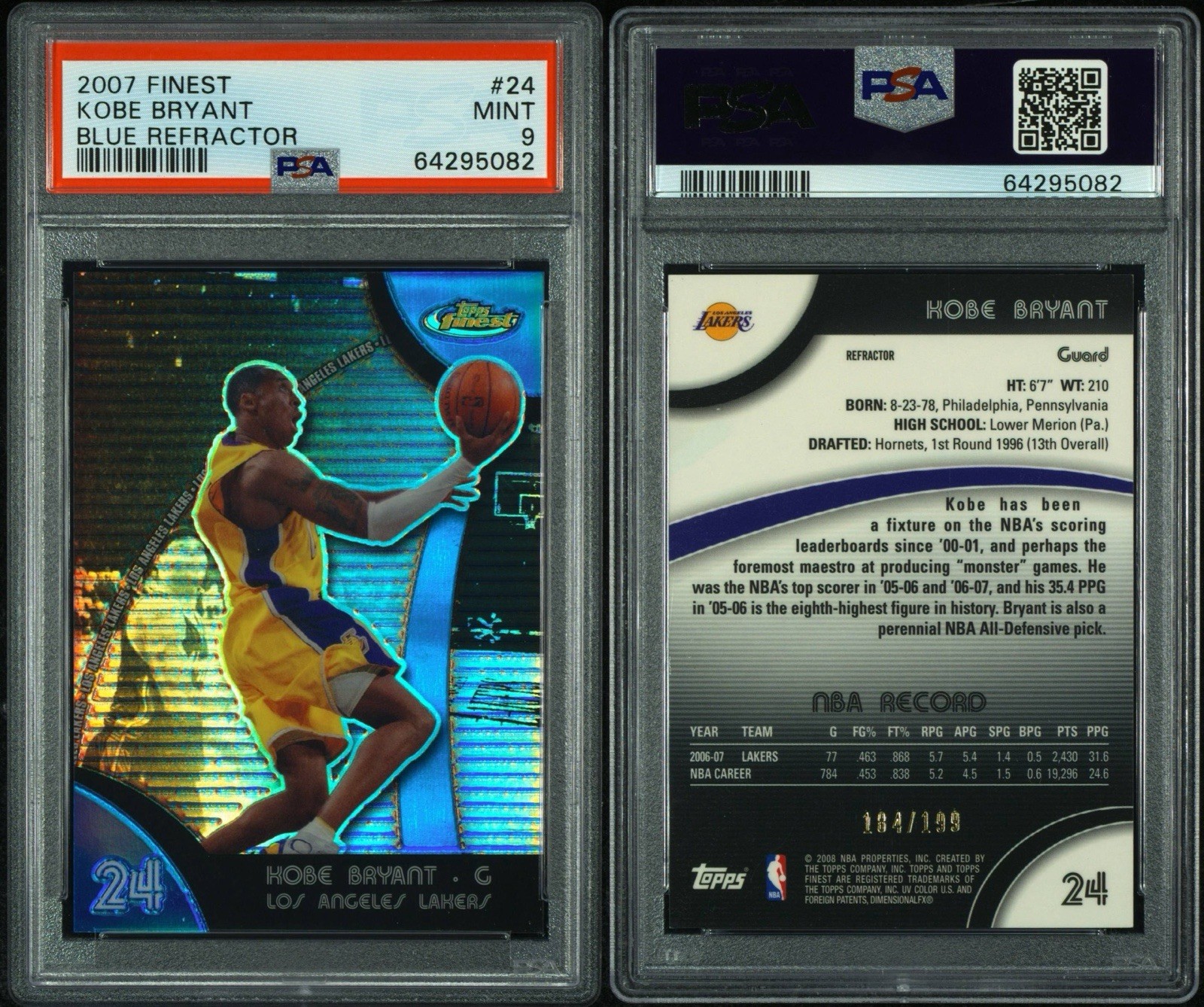 2007-08 Topps Finest - Kobe Bryant #24 Blue Refractor /199 PSA 9 view 3