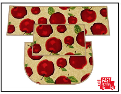 3 Piece Sets Rubber Backing Non-Slip Red Apple Kitchen Rug And Carpet Multi NEW