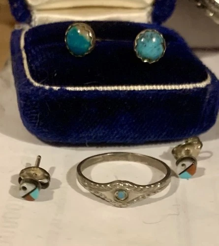 Vintage Sterling Silver Turquoise Ring Zuni Sun Face And Turquoise Earring Lot
