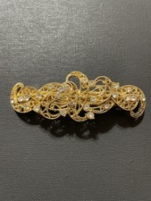 Vintage-Goldtone Rhinestone Hair Barrette Jeweled Filigree Clip