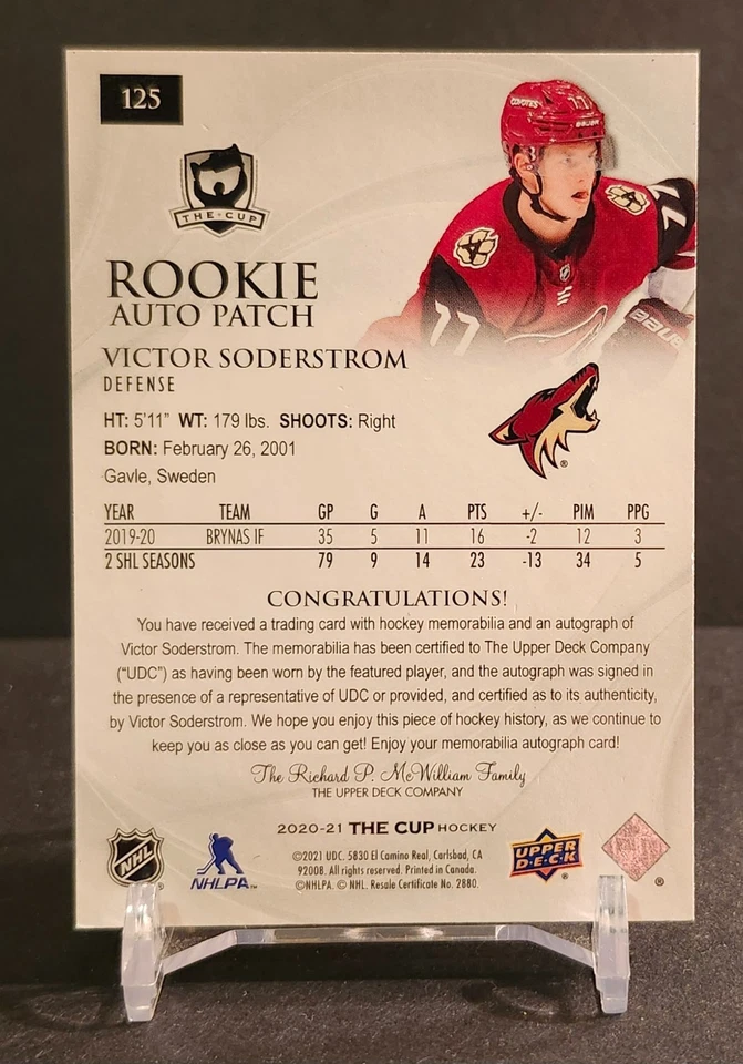 2020-21 Upper Deck The Cup - Rookie Auto Patch Victor Soderstrom #125 /249 - Image 2 of 2