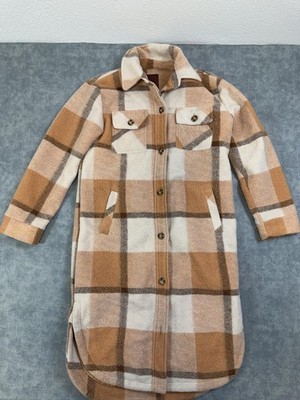 Rip Curl Coat Womens XS Brown Plaid Fleece Long Overcoat Button Pockets Shacket