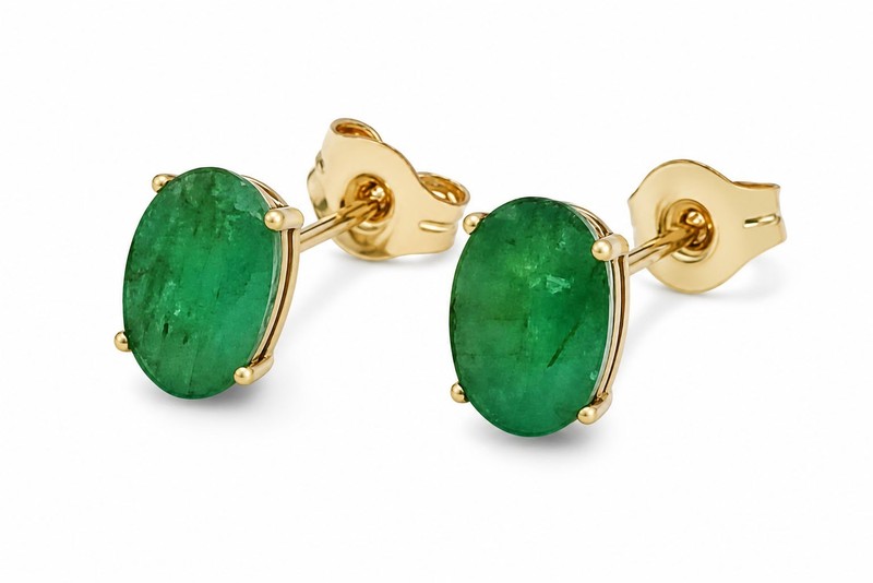 GENUINE 1.36 Cts EMERALD STUD EARRINGS 14K YELLOW GOLD - Free Certificate - NWT