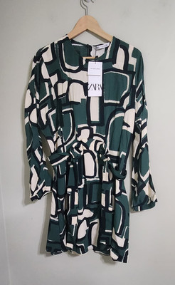 NWT Zara Viscose Dress W/Abstact Print The Frida Dress Green Size Large