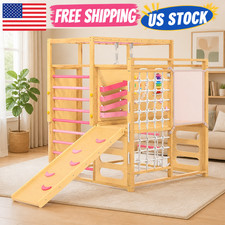 1 Indoor Jungle Gym for Kids 2-8, Wooden Climbing Structure with Slide in 9