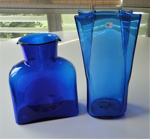 2 MCM Modern Blenko Blue Glass 8813 Paper Bag Vase 384 Water Bottle 2 Spout - Picture 1 of 11