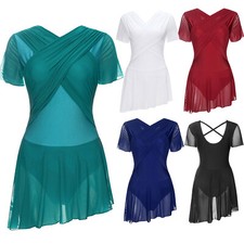 Women Pleated Mesh Overlay Dance Dress Lyrical Skirted Leotard Costume Dancewear