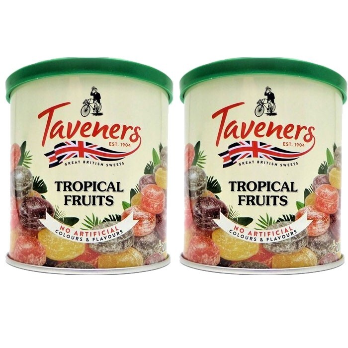 Taveners Tropical Fruit Drops 2 x 200g Tin - No Artificial Colours or Flavours