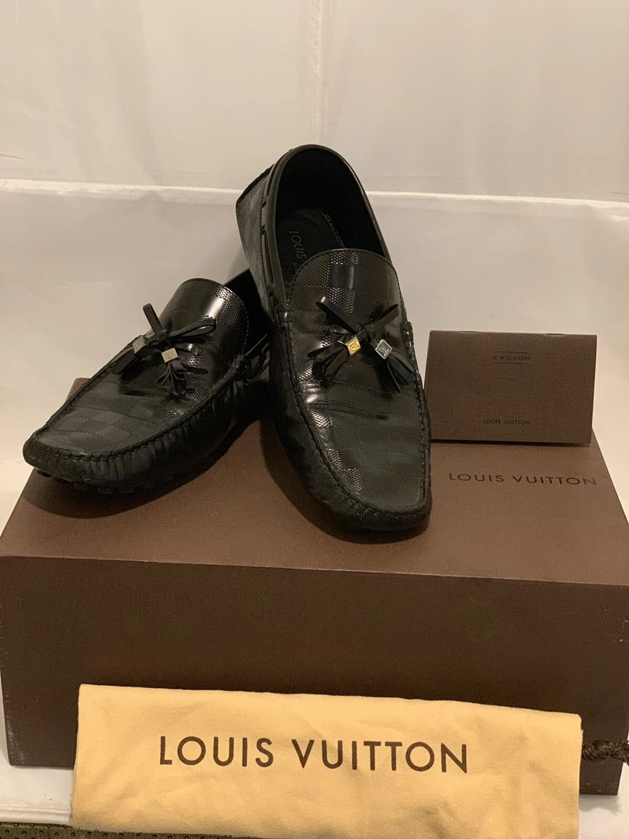 LOUIS VUITTON DRIVING LOAFERS BLACK MENS SHOES DAMIER LEATHER DRESS SHOES  SZ 8.5