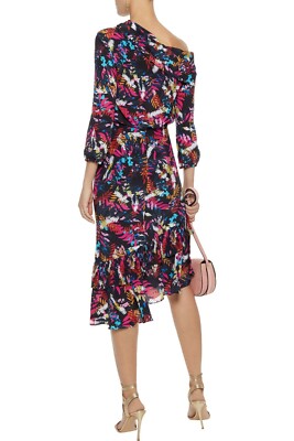SALONI Navy Pink Floral Print Ruffle Tiered Pleated Silk Crepe de Chine  Dress 12