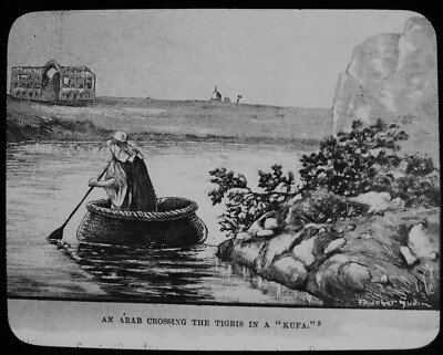 ANTIKES magisches Laternendia ARABER ÜBERQUERUNG DER TIGRIS IN EINER KUFA UM 1890 