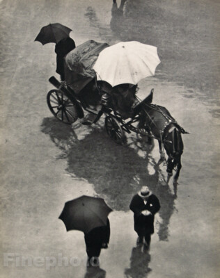 1931 Vintage MARTIN MUNKACSI Rain Horse Carriage Umbrella Street Photo Art  16x20