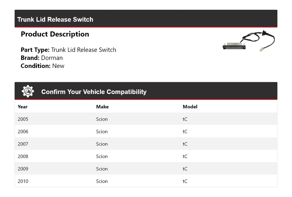 Interruptor de liberación de tapa de maletero para Scion tC Dorman 2005-2010 2006 2007 2008 2009 Foto 2 de 4
