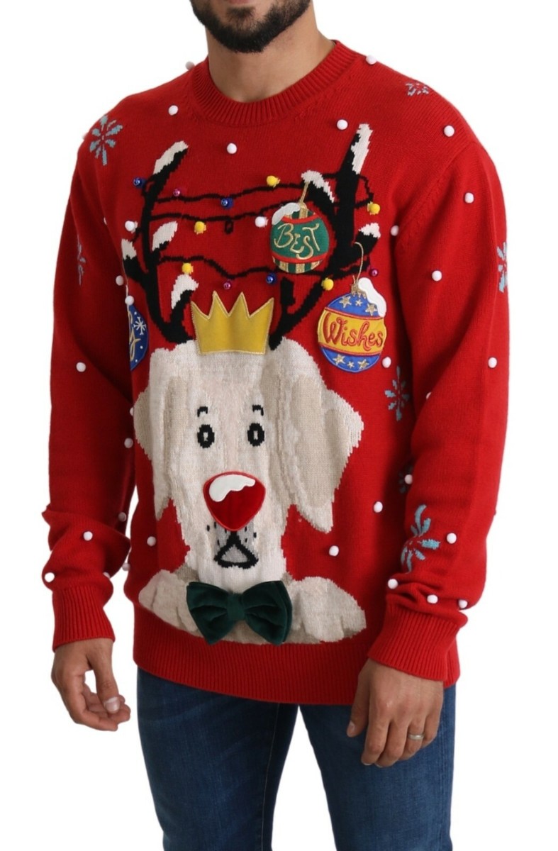 DOLCE & GABBANA Sweater Cashmere Red Christmas Dog Pullover IT44