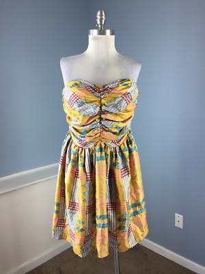 princess polly baby blue dress Tucker S p Strapless Plaid Silk Cocktail Party Dress yellow Blue  Anthropologie !