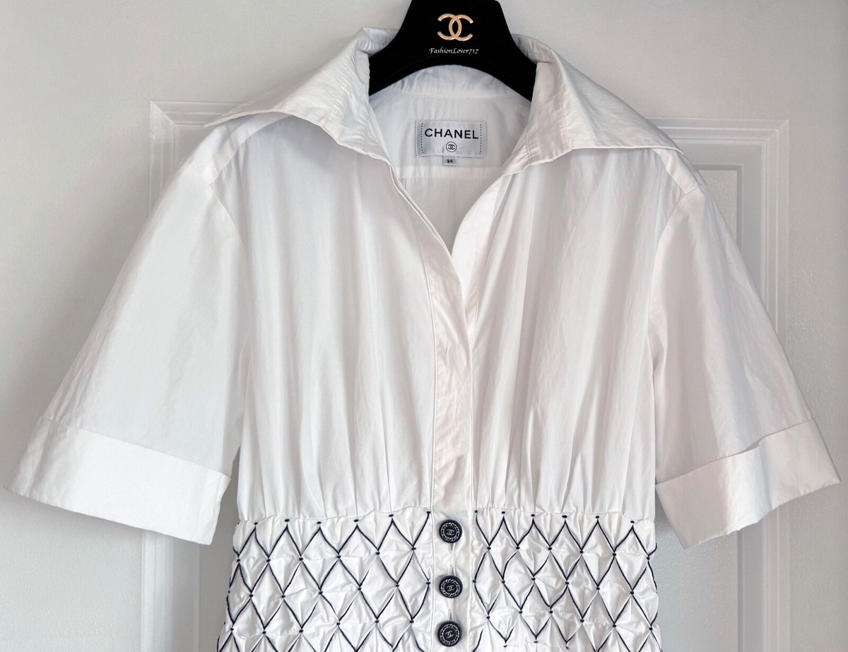 CHANEL 19C LA PAUSA WHITE NAVY SHORT SLEEVE MINI COTTON DRESS 34