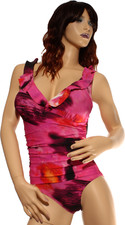 DKNY Women's Ruffle Neck One Piece Swimsuit Pink Multi Size S