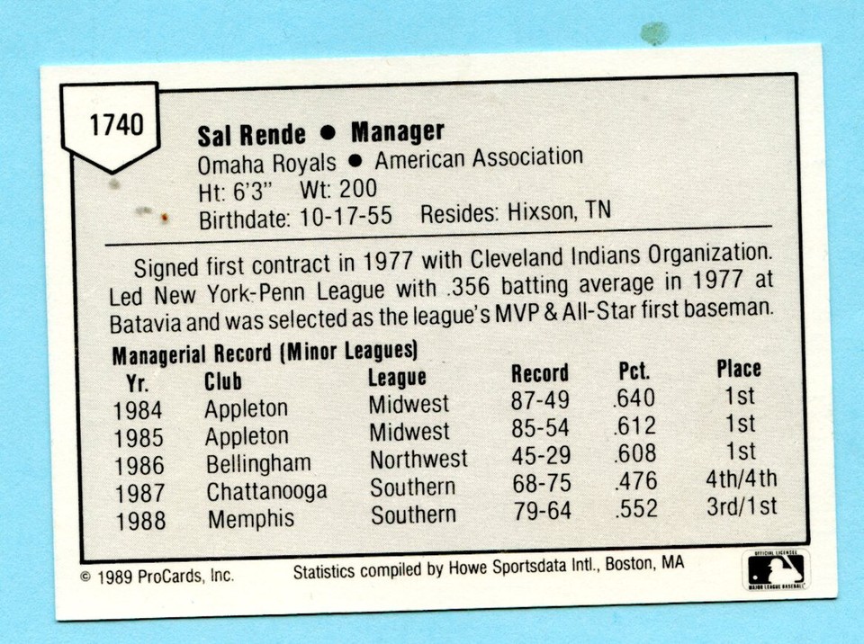 1989 ProCards Minor League - Omaha Royals - Sal Rende - Box 202 | eBay