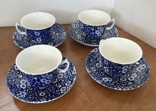 4 CROWNFORD China Staffordshire BLUE CALICO Coffee Tea Cups & Saucer set