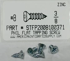 #8x3/8 Flat Head Phillips Tapping Screws Steel Zinc Plated (100)