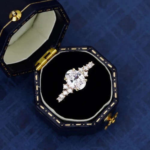 D/VVS1 Oval Cut Moissanite Ring For Women Cluster Engagement Ring Rose Gold Over - Picture 4 of 7