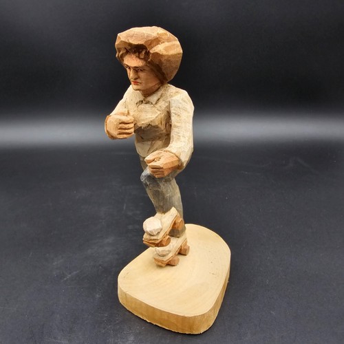 Vintage Hand Carved Wood Roller Skater Figurine Handmade Wooden Sculpture 8 in - Picture 2 of 11