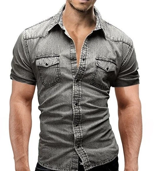 New Mens Denim Shirts Short Sleeves Luxury Slim Washed Cotton Casual Shirts Tops - Image 4 of 4