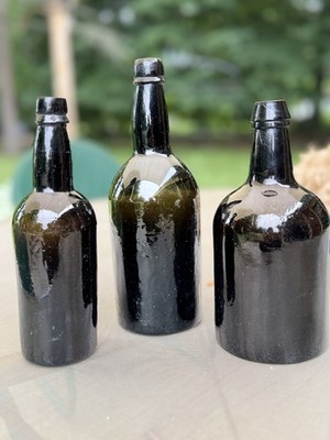 Antique Black Glass Bottle Lot 1840s Blown Wine Beer Ale Porter Spirits 3pc Lot