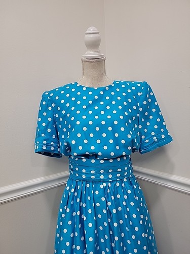 Vintage'80s Tea Garden Polka Dots Party/Cocktail Polyester Dress /Padded Shoulde - Picture 4 of 10