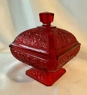 Vintage Jeanette Glass Ruby Red Candy Dish With Lid Pedestal Footed Acorn Oak