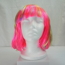Neon Rainbow Cosplay Wig   Pink with Blue Yellow Green Streaks   Costume Hair