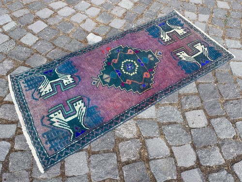 Turkish Vintage Small Rug Handmade Wool Bohemian Bath Mat Rug 1,7 x 3,9 ft