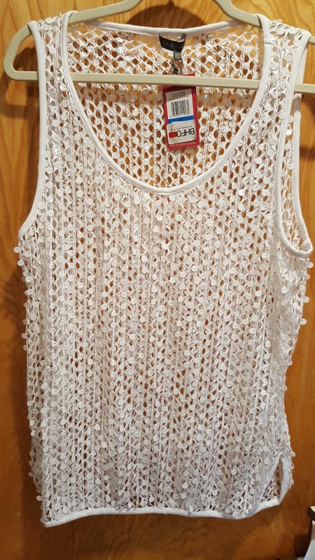 NWT Vince Camuto Size XL  High Low Tropical Rain White Tank w/Sequins