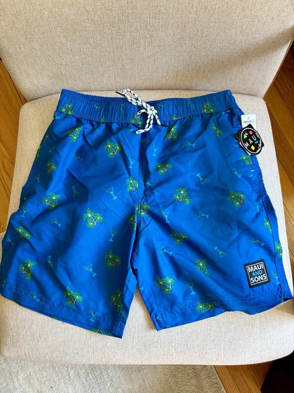 Maui and Sons Men’s Swim Shorts Blue Palm Tree Cocktail Print  Sz Small