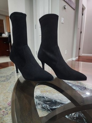 Stuart Weitzman, black suede mid-calf sock boots, pointed toe, stiletto heel